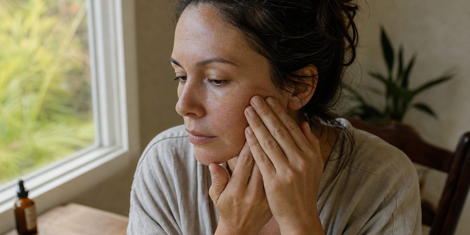 Adult woman resting two or three fingertips on the masseter bulge in morning light.