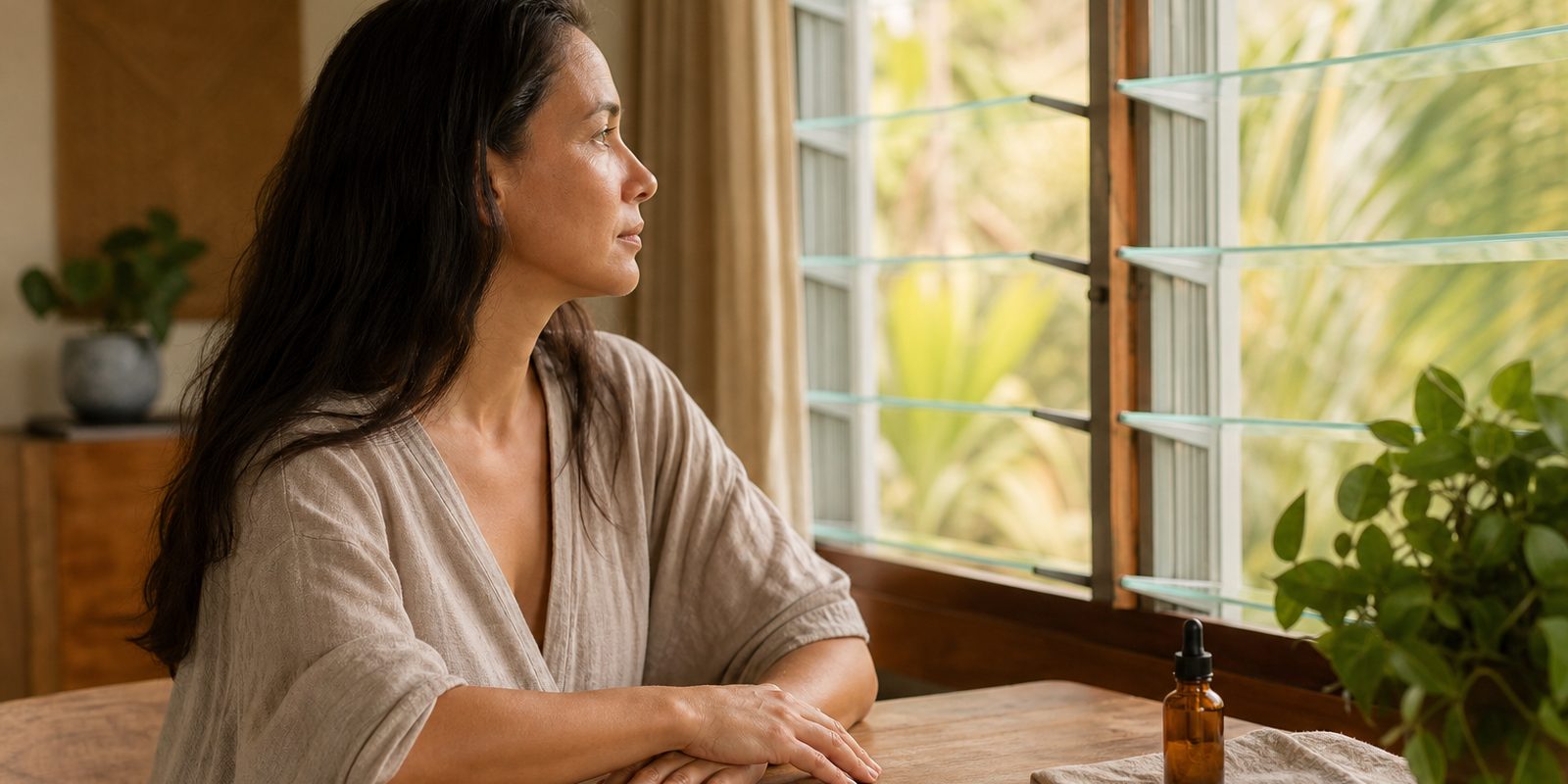 Adult woman with hair down looking out a window, clean hands on a wooden table. Not inside the mouth.