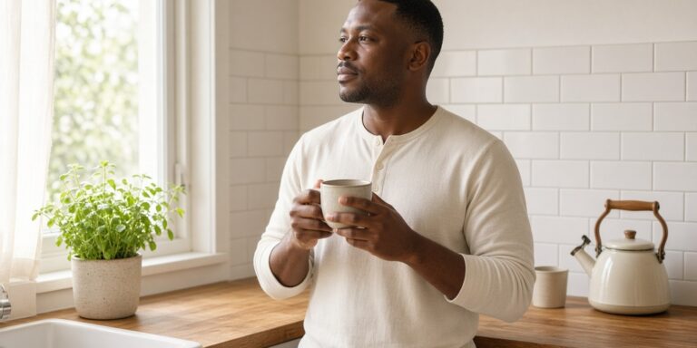 Black man in a cream henley stands in a sunlit kitchen holding a ceramic mug, looking toward the window beside a potted herb.