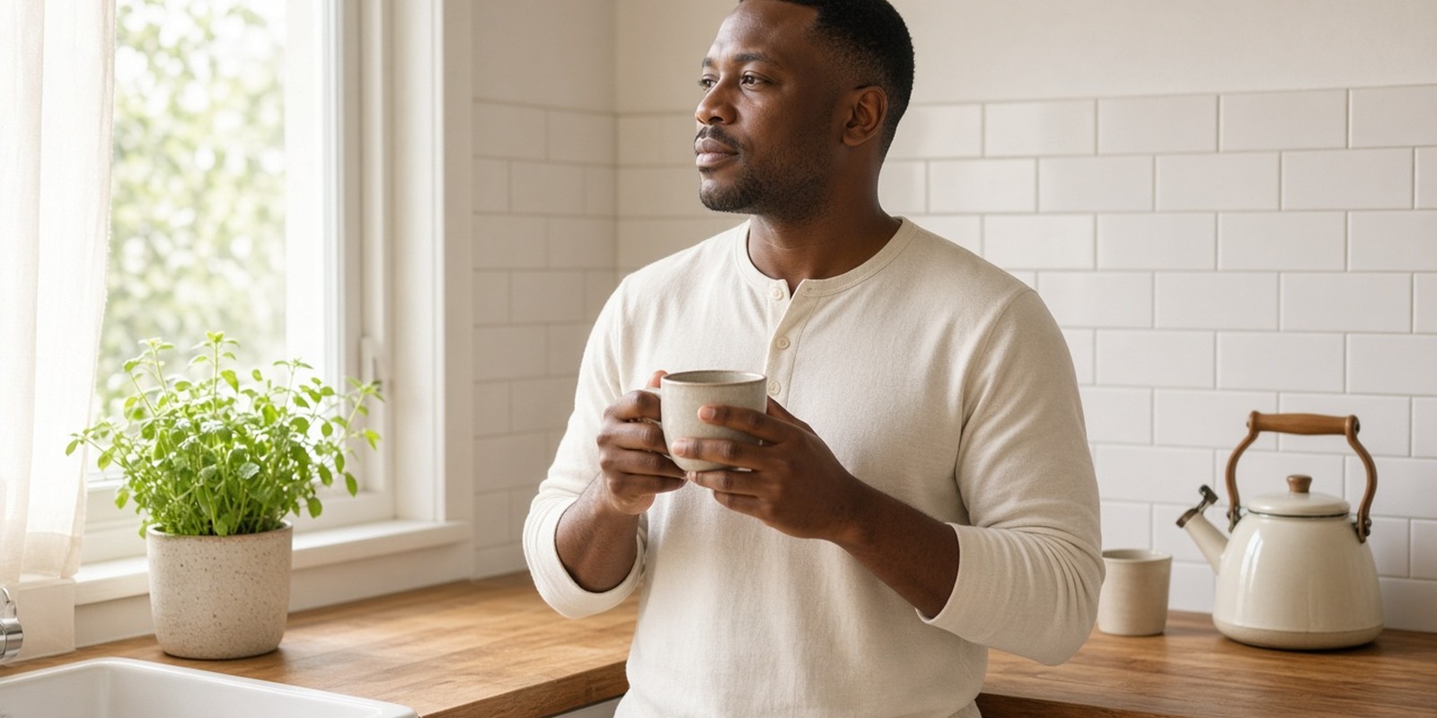 Black man in a cream henley stands in a sunlit kitchen holding a ceramic mug, looking toward the window beside a potted herb.
