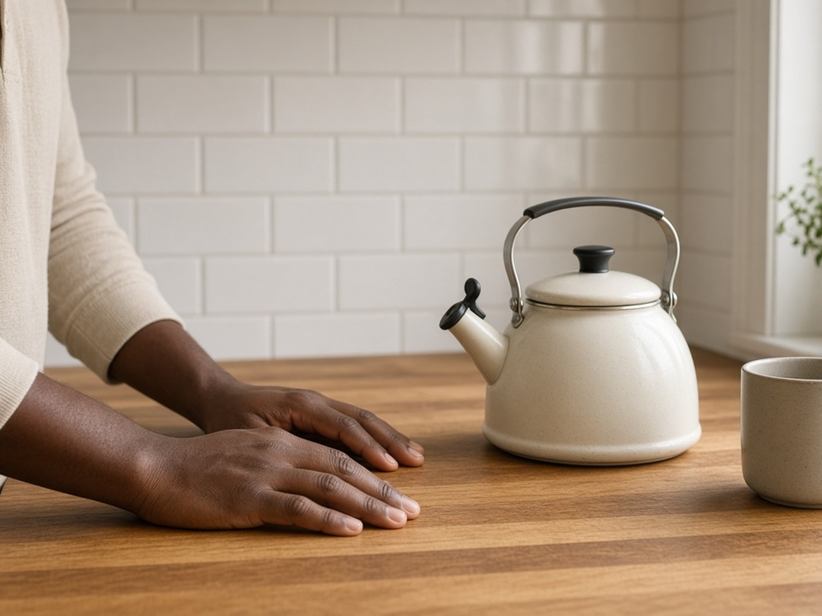 Dark-skinned hands rest on a wooden kitchen counter beside a cream kettle and mug in soft morning light.