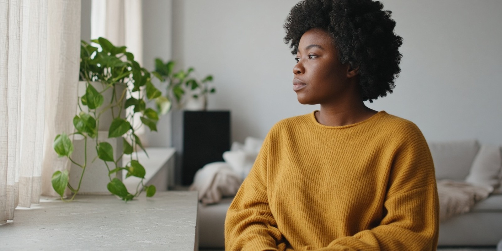 Black woman with short natural curls in a mustard knit sweater sits in a bright loft looking softly aside, a trailing plant on a concrete ledge, hands away from her face.