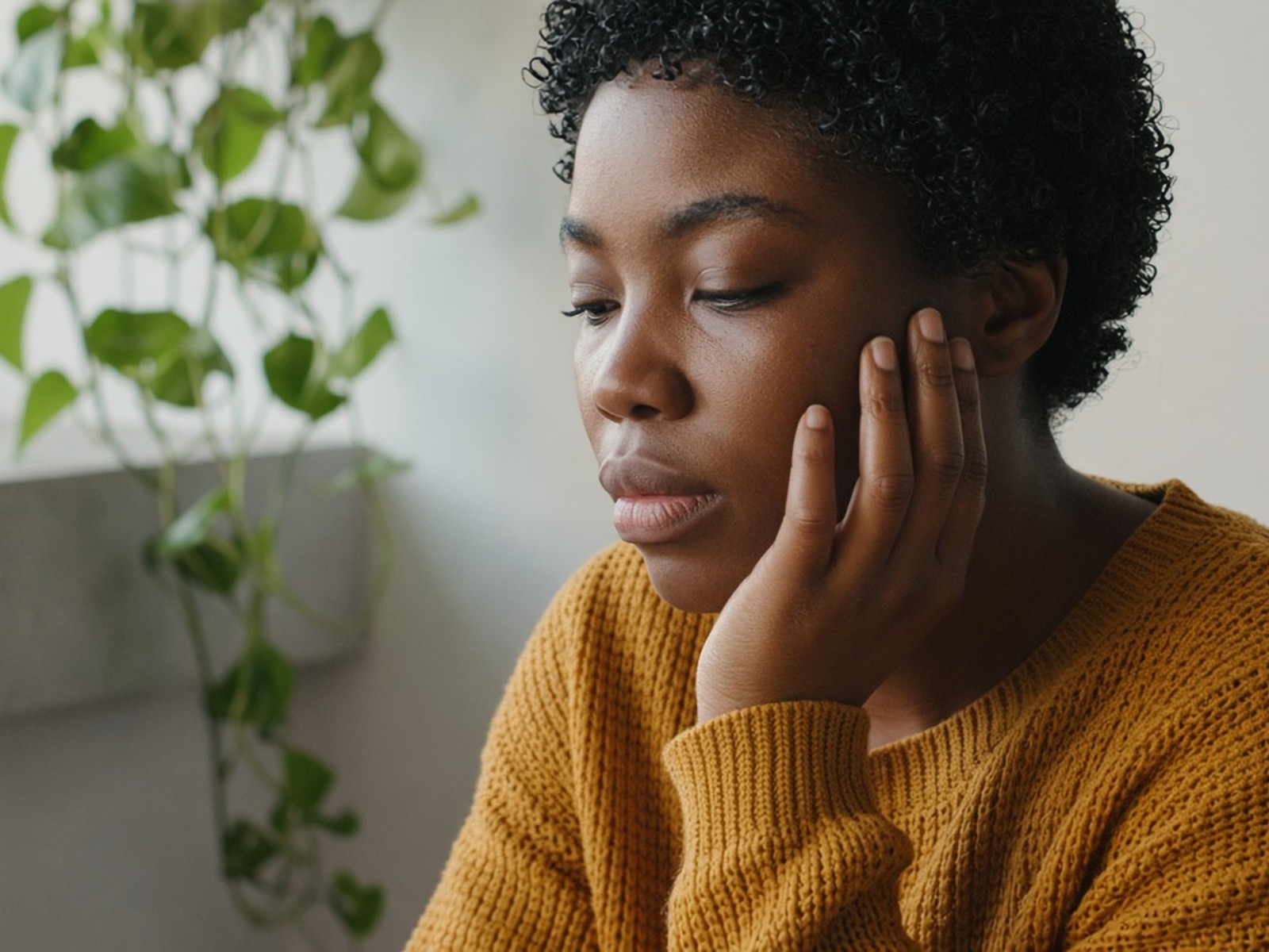Close view of the same woman resting her hand gently on her cheek and jaw, clearly away from the ear, in soft daylight.