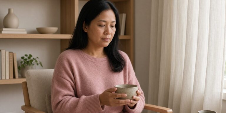 Southeast Asian woman in a dusty rose sweater in a reading nook, soft face, hands on a tea bowl.