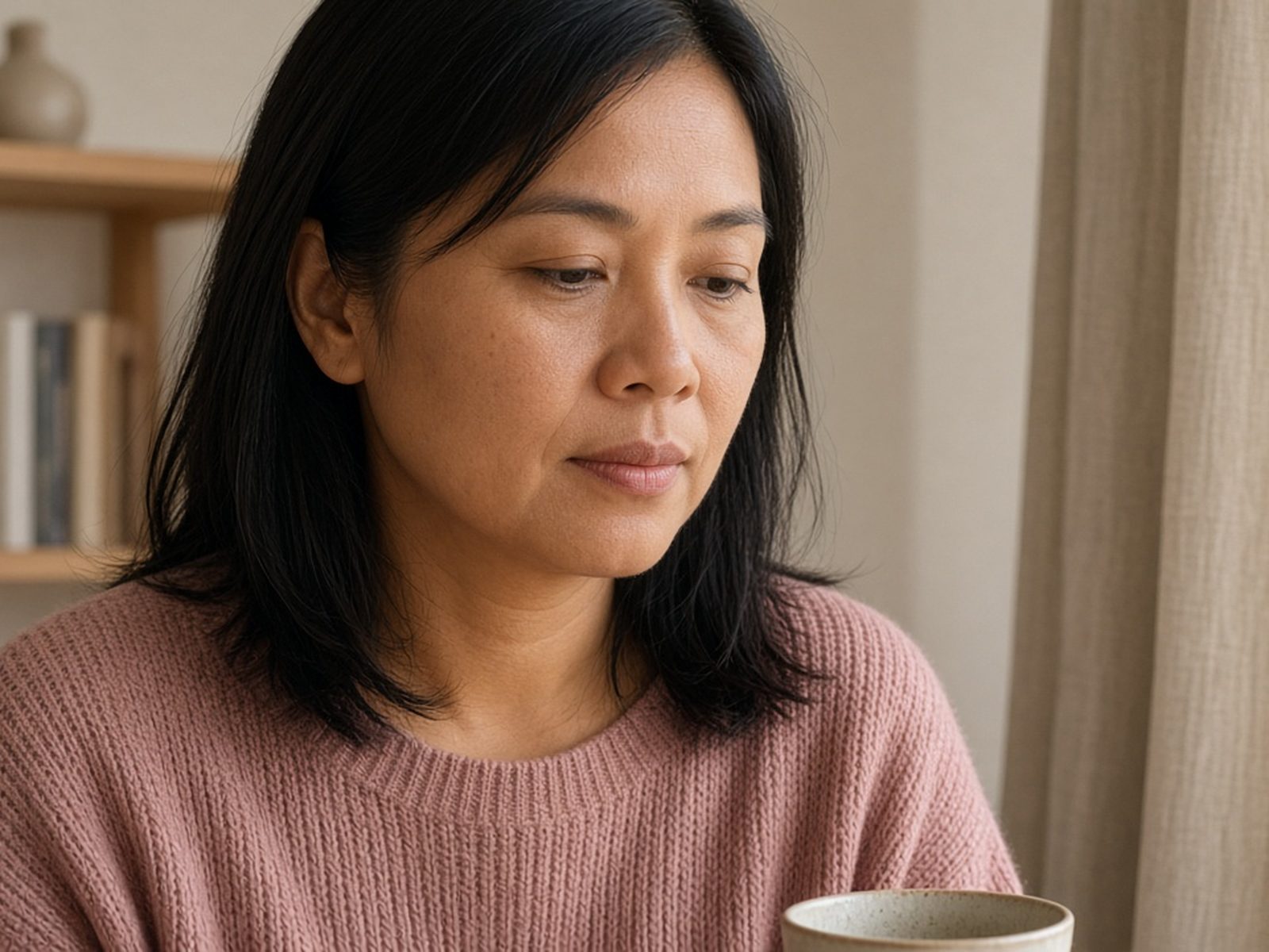 Same woman close soft-face pause, jaw relaxed, hands off the cheeks.