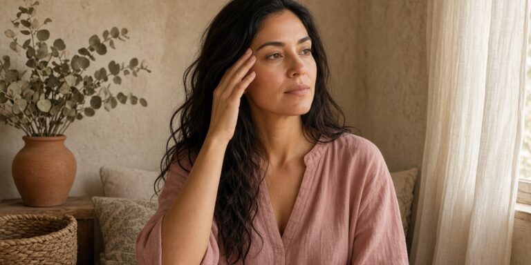 Latina woman with long dark wavy hair sits in a warm plaster-walled room, fingertips resting gently on her temple beside a terracotta vase of dried eucalyptus.