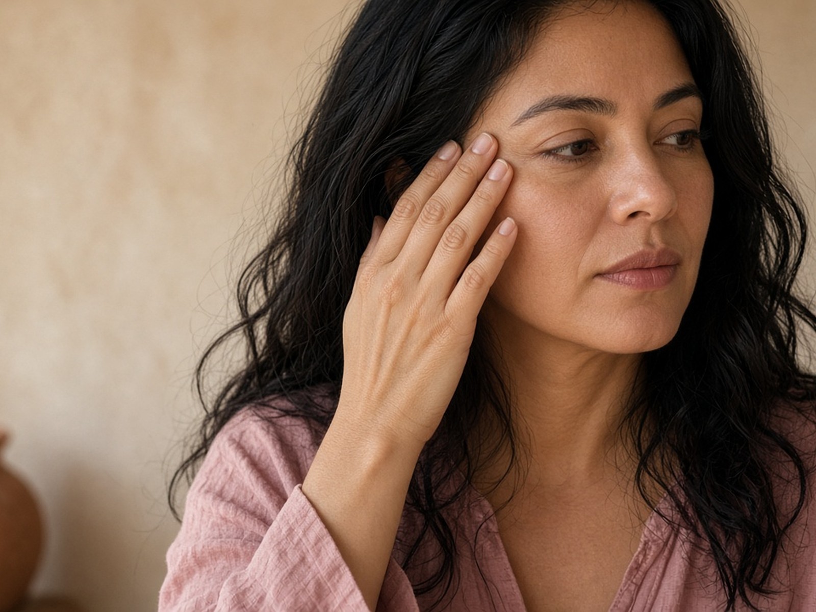 Close view of the same woman with fingertips lightly on the side of her head above the cheekbone, calm soft expression.