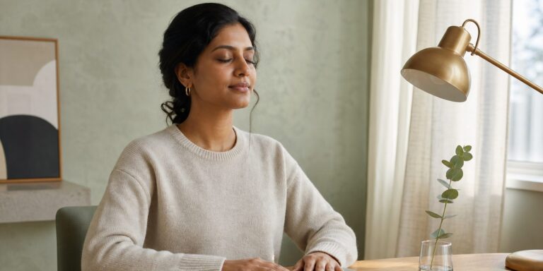 South Asian woman at a soft home-office desk, eyes closed, hands on a closed laptop.