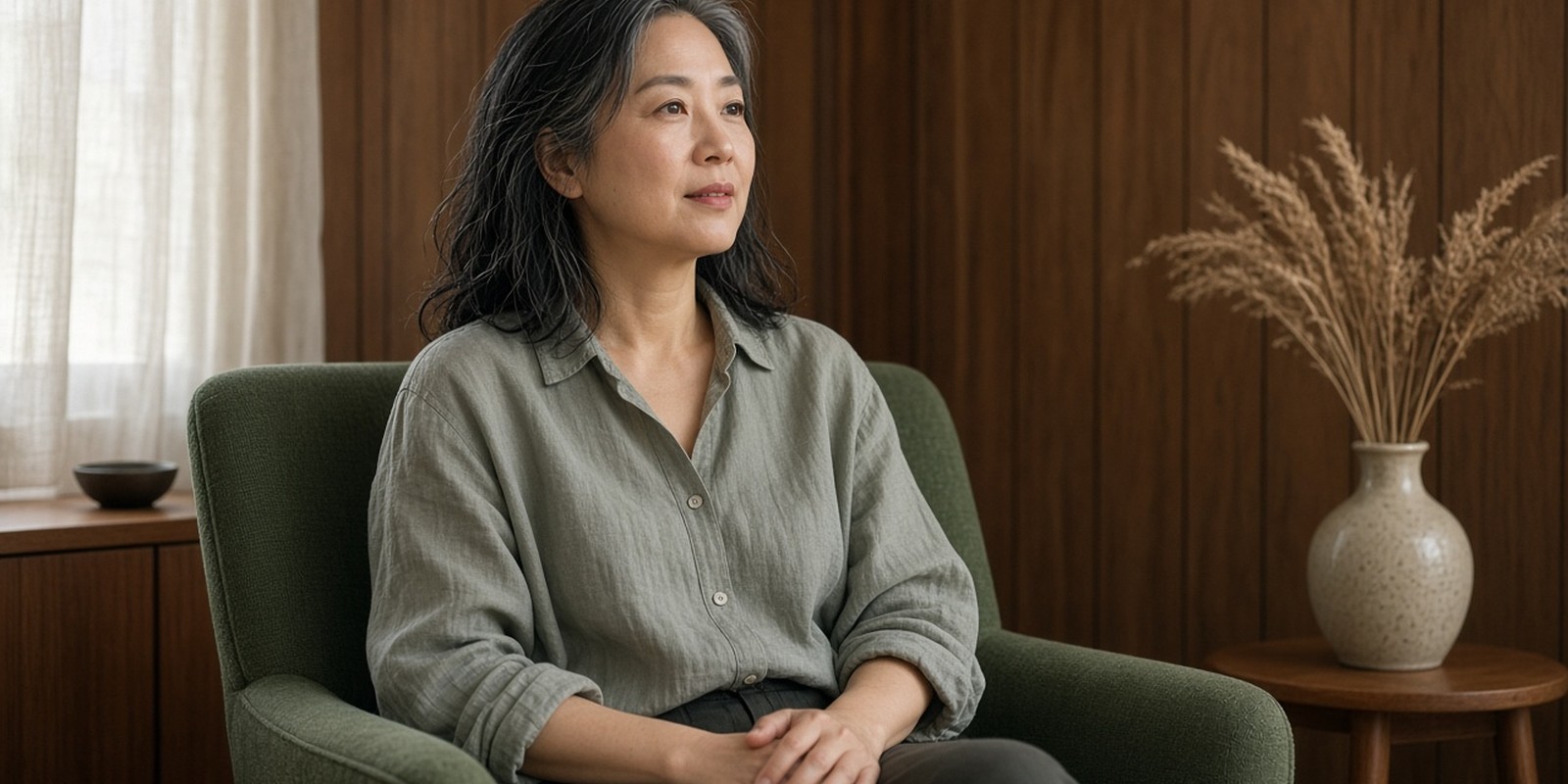 East Asian woman with salt-and-pepper hair sits in a moss chair in a mid-century living room, lips softly parted, hands resting in her lap.