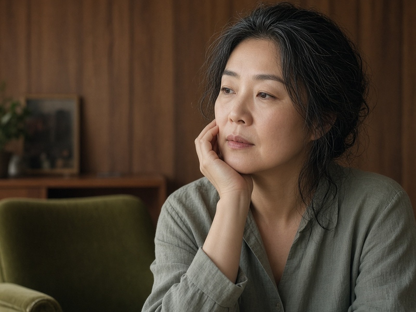 Close view of the same woman with one hand resting softly under her chin in a wood-paneled room, calm expression.