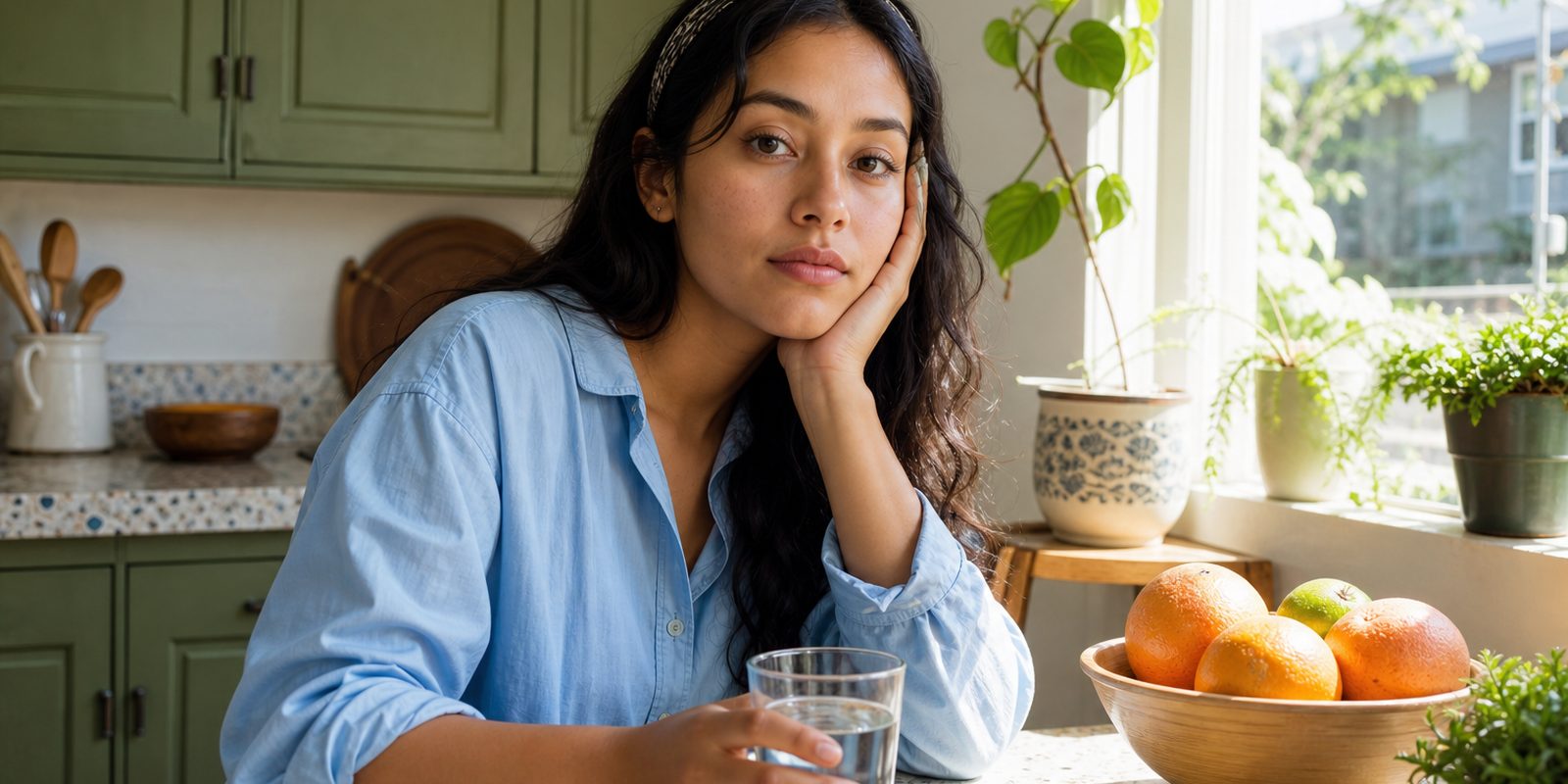 Latina woman in a sage kitchen, palm under the jaw, glass of water.
