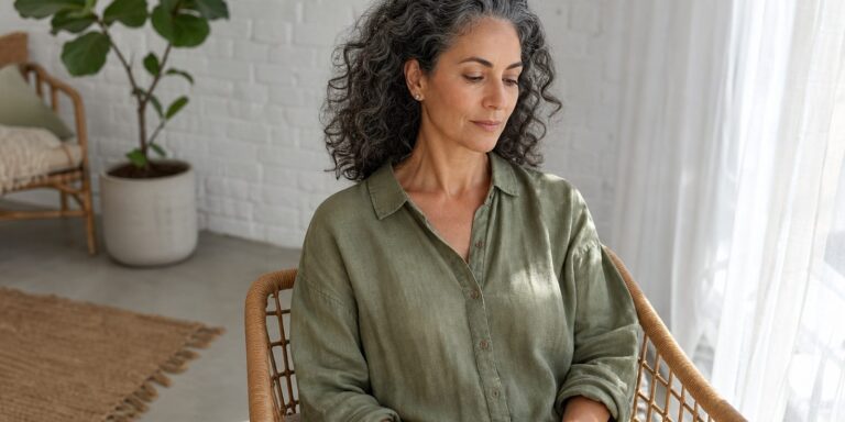 Mediterranean woman with salt-and-pepper curls in a sunroom, soft shoulders, hands in her lap.