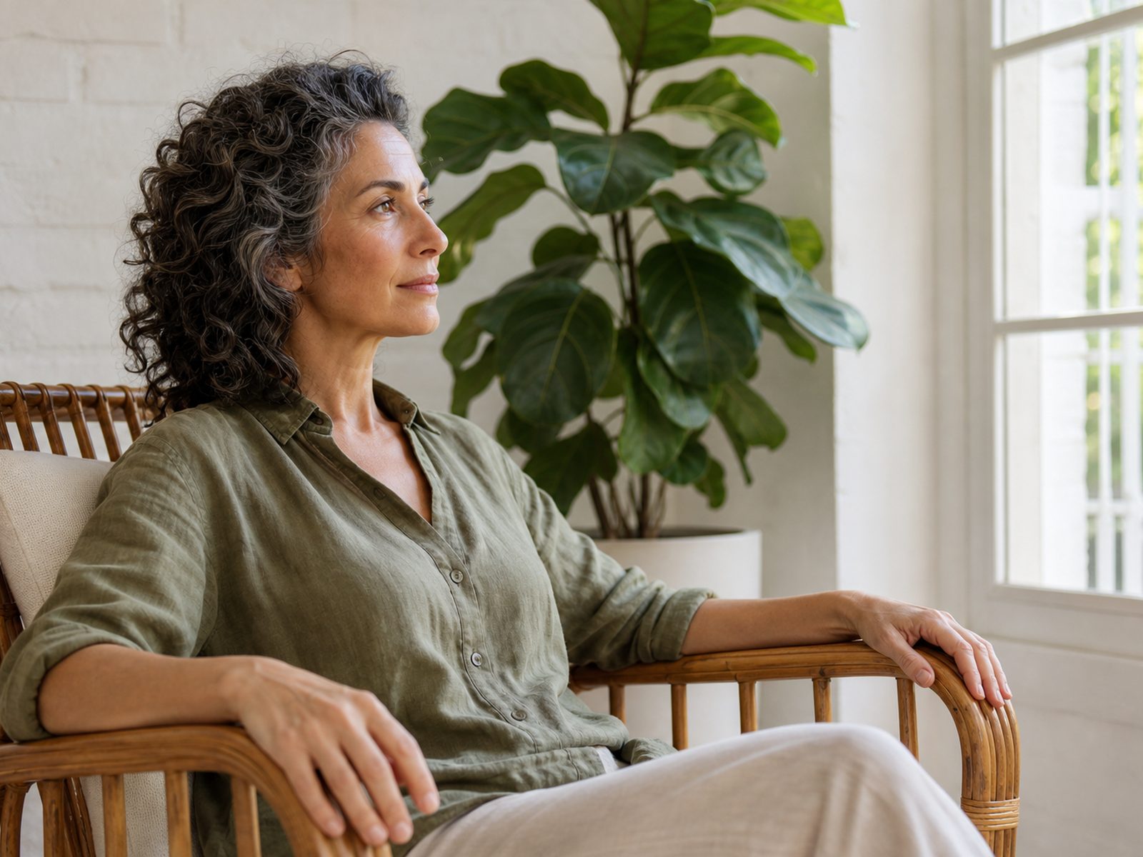 Same woman in a rattan chair looking toward the window, soft shoulders, hands on the armrests.