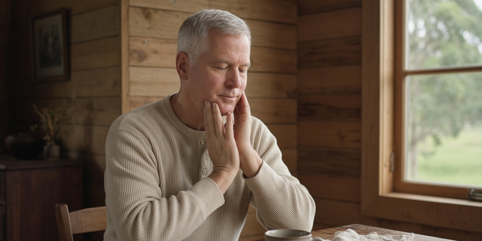Silver-haired man at a wooden table in a wood-paneled cabin, eyes lowered, resting his fingertips lightly along his jawline in soft window light