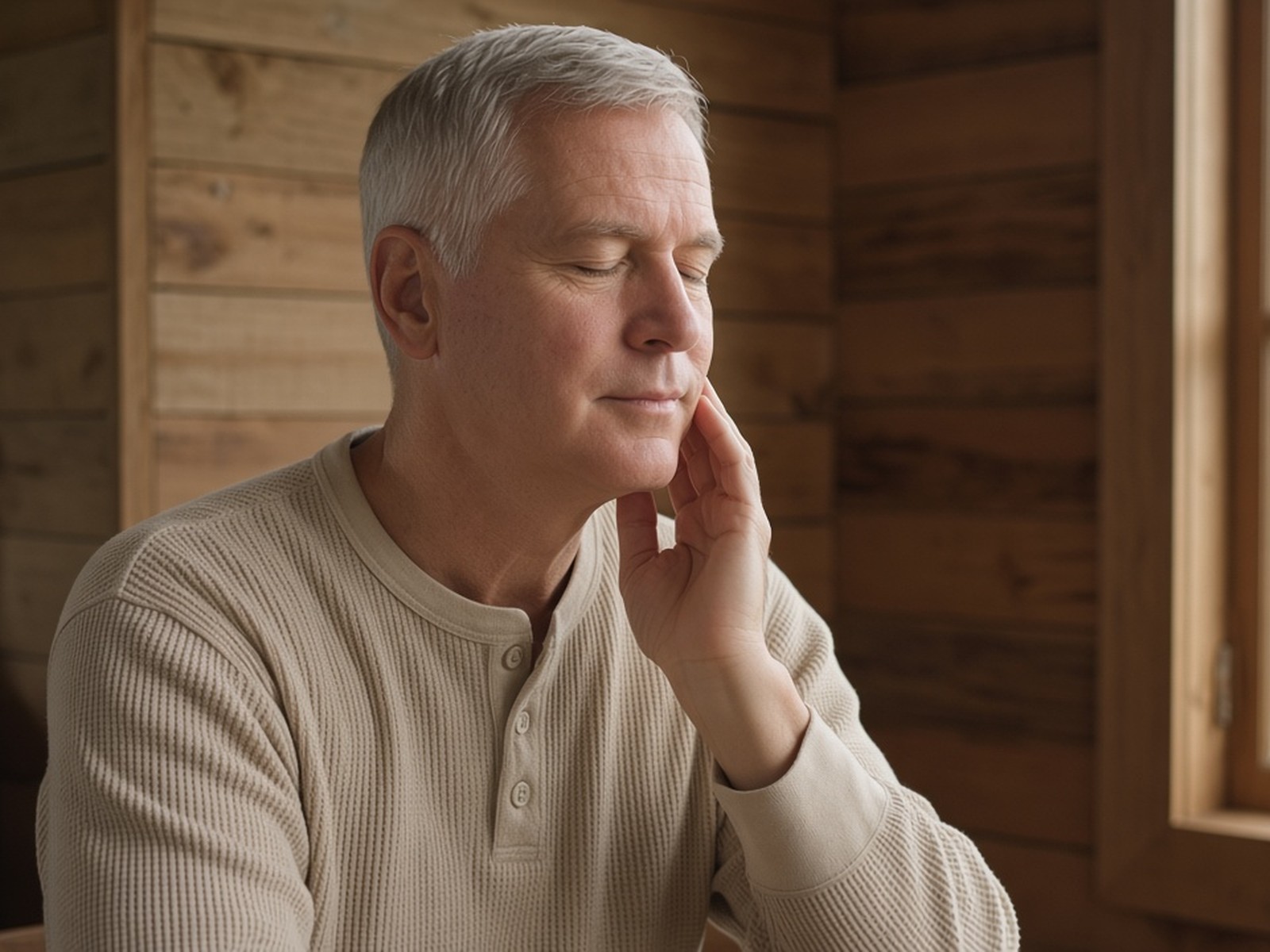 Close view of a silver-haired man with eyes closed, one hand resting gently along the side of his jaw in a warm wood-paneled room