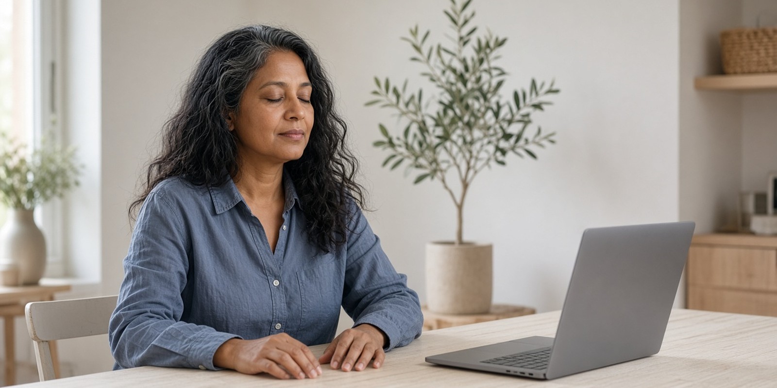 Woman in a blue shirt pausing at a light oak desk with her eyes closed and face relaxed, hands resting on the table beside a laptop in a bright room