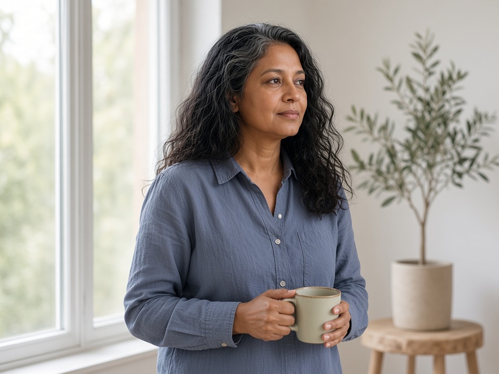 Woman standing by a bright window holding a ceramic mug, looking out calmly with her lips gently closed and shoulders relaxed