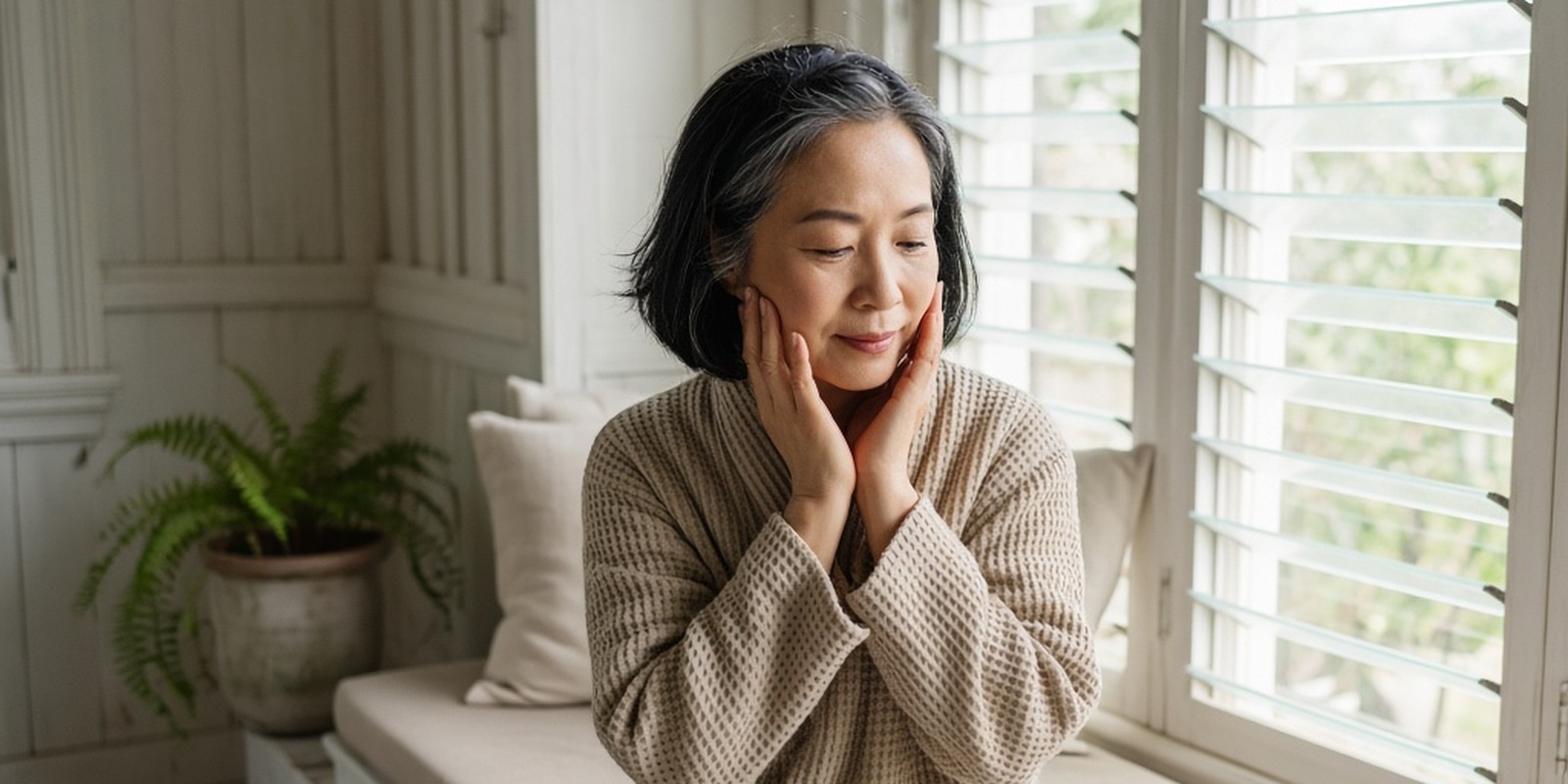 East Asian woman in her early fifties with a silver-streaked black bob and an oatmeal waffle-knit robe sitting on a cushioned window bench in a whitewashed cottage, eyes softly lowered, fingertips resting lightly on both cheeks in morning light beside a potted fern