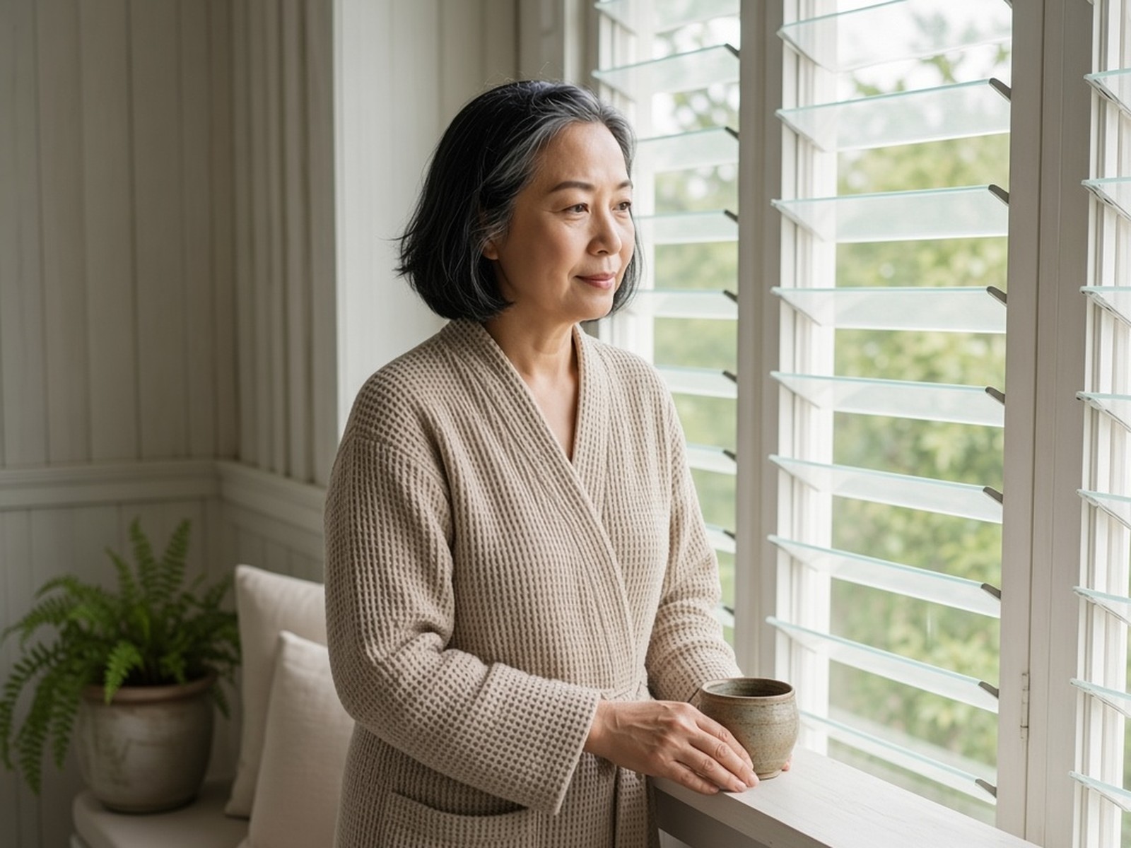 Woman with a silver-streaked black bob in an oatmeal waffle-knit robe standing at an open glass jalousie window, one hand on the white sill beside a ceramic cup, looking out at green trees with a calm, relaxed face