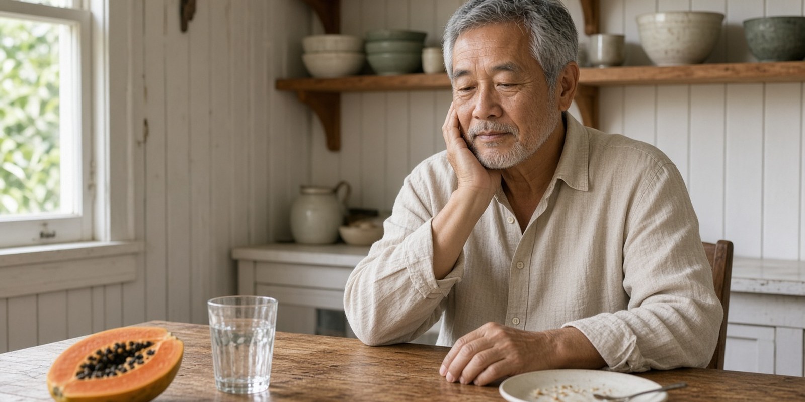 Older man with short gray hair in a linen shirt sitting at a wooden kitchen table after a meal, eyes lowered, resting his cheek lightly on one hand beside a glass of water and a halved papaya
