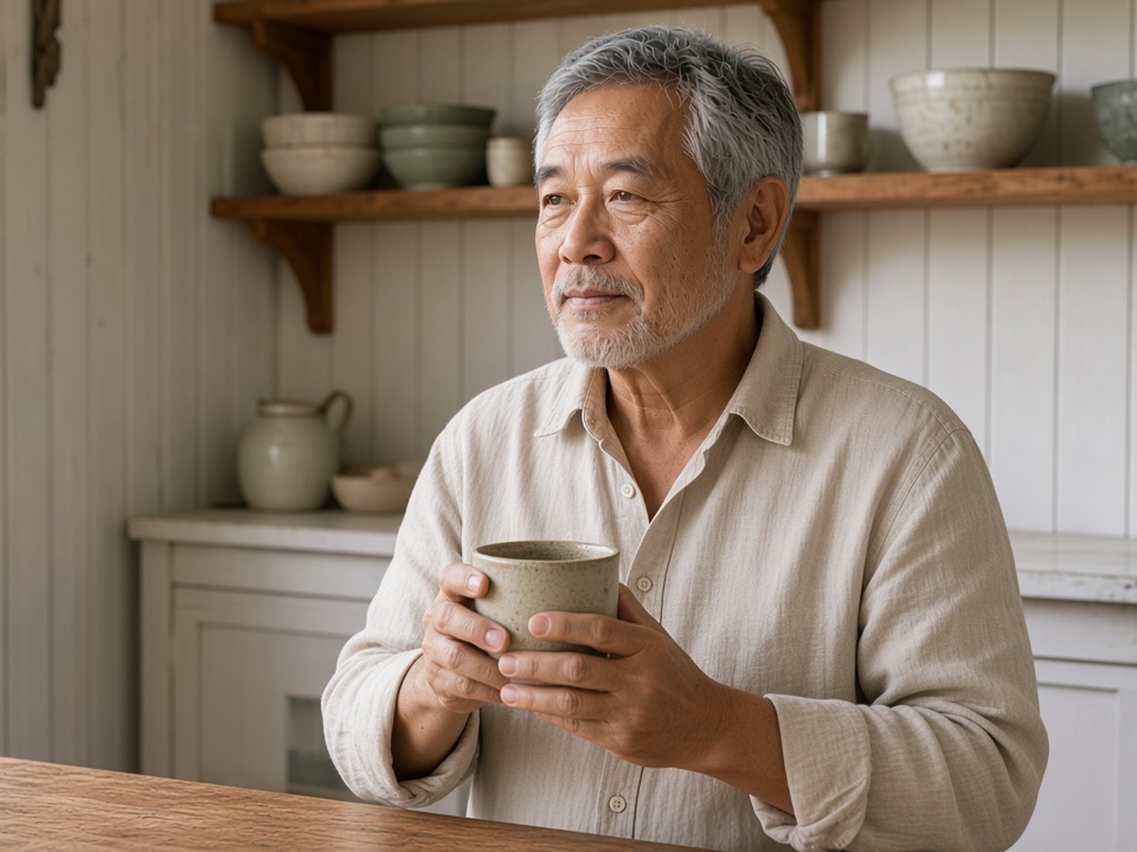 Older man in an oatmeal linen shirt holding a ceramic cup in a white board-and-batten kitchen, looking toward the window with a calm, relaxed face
